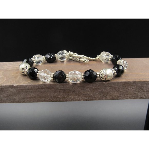 8" Sterling Silver Black Clear Faceted Crystals Bulky Bracelet Vintage Elegant - Picture 1 of 6